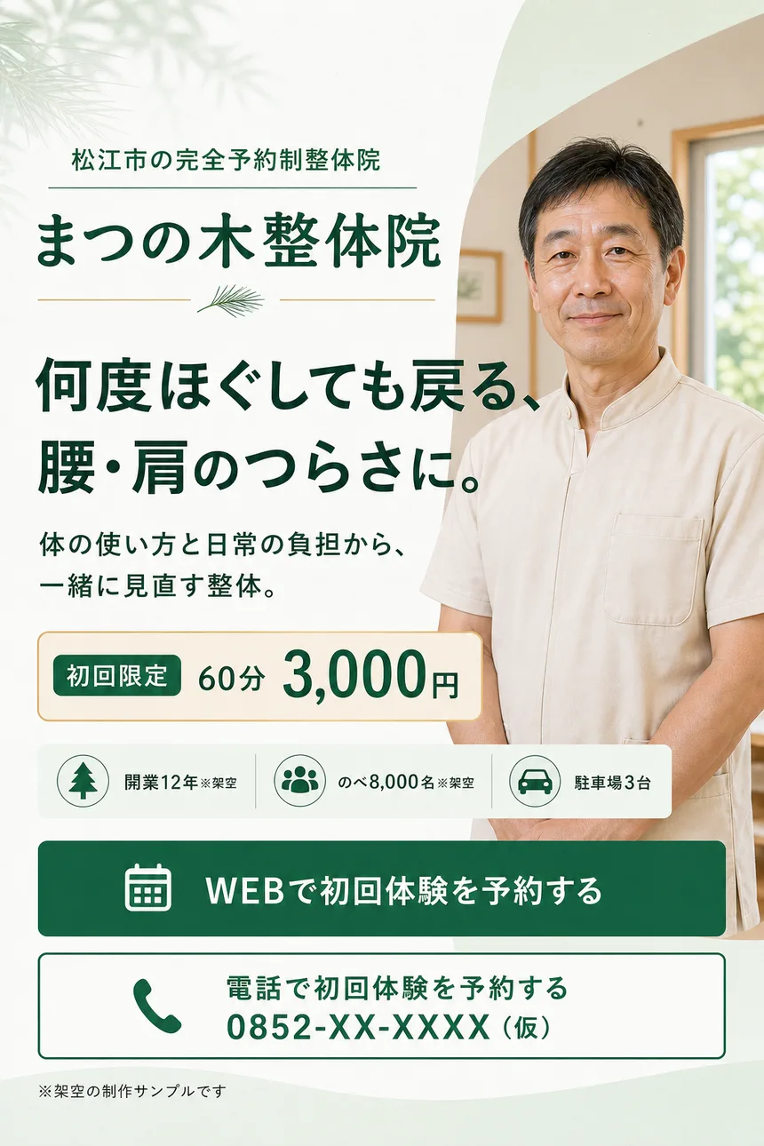 架空人物の院長を使用した、まつの木整体院のLP制作サンプル。初回60分3,000円。