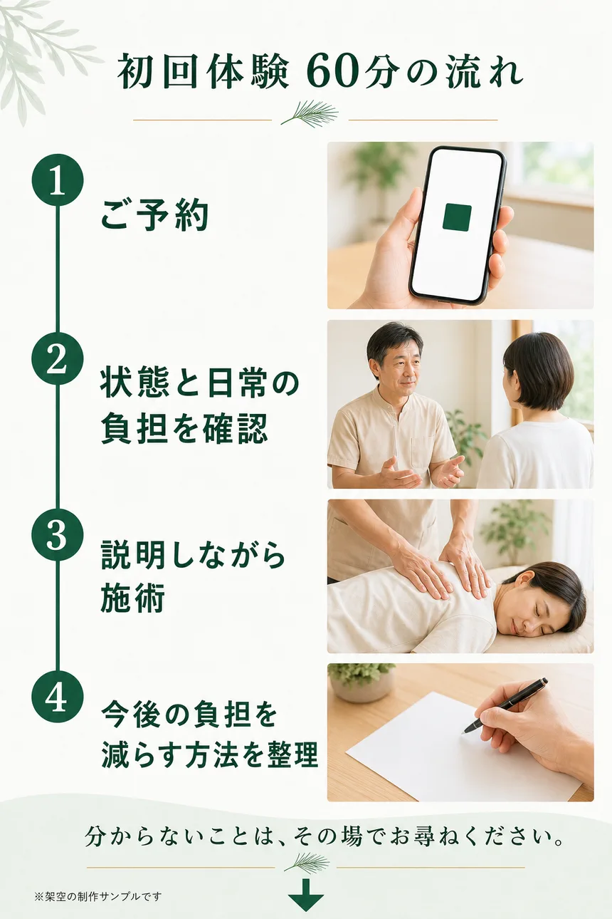 架空人物による、初回体験60分の流れのイメージ
